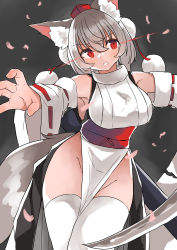 Rule 34 | 1girl, absurdres, animal ears, bare shoulders, breasts, grey background, highres, holding, holding sword, holding weapon, inubashiri momiji, japanese clothes, katana, kourindou tengu costume, large breasts, looking at viewer, no panties, open mouth, petals, red eyes, regua, short hair, simple background, solo, sword, thighhighs, thighs, touhou, weapon, white hair, white sleeves, white thighhighs, wolf ears, wolf girl
