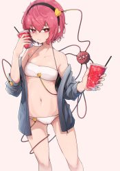 Rule 34 | 1girl, absurdres, bandeau, bare shoulders, bikini, blue jacket, blush, breasts, cameltoe, closed mouth, collarbone, cowboy shot, cup, disposable cup, drinking straw, eyeball, hairband, heart, highres, holding, holding cup, jacket, komeiji satori, looking at viewer, navel, open clothes, open jacket, pink background, pink hair, red eyes, ribs, senzaicha kasukadoki, short hair, small breasts, smile, solo, swimsuit, third eye, touhou, white bikini