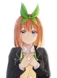 Rule 34 | 1girl, absurdres, black jacket, blazer, blue eyes, blush, bow, bowtie, closed mouth, collared shirt, commentary request, go-toubun no hanayome, green bow, green bowtie, green ribbon, hair ribbon, hands on own chest, highres, jacket, long sleeves, looking at viewer, medium hair, nakano yotsuba, open clothes, open jacket, orange hair, ribbon, sayumari, shirt, simple background, smile, solo, upper body, white background, white shirt, wing collar