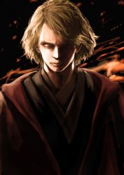 Rule 34 | 1boy, anakin skywalker, angry, black background, brown hair, closed mouth, fire, forehead, horikoshi kouhei, lips, looking at viewer, male focus, pale skin, red robe, robe, short hair, slit pupils, solo, solo focus, star wars, star wars: the clone wars, yellow eyes