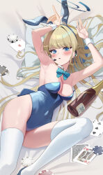 Rule 34 | 1girl, :o, absurdres, ace (playing card), ace of hearts, animal ears, arms up, bare shoulders, blonde hair, blue archive, blue bow, blue bowtie, blue eyes, blue hairband, blue leotard, blush, bottle, bow, bowtie, braid, breasts, card, commentary, covered navel, detached collar, fake animal ears, hairband, halo, heart, highleg, highleg leotard, highres, instrument, king (playing card), king of hearts (playing card), leotard, long hair, looking at viewer, lying, medium breasts, music, official alternate costume, official alternate hairstyle, on side, playboy bunny, playing card, playing instrument, poker chip, rabbit ears, rabbit pose, solo, su2ro, thighhighs, thighs, toki (blue archive), toki (bunny) (blue archive), very long hair, white thighhighs, wrist cuffs