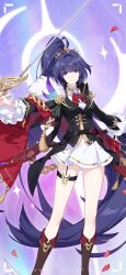 Rule 34 | 1girl, bare legs, belt, black hair, black sleeves, boots, breasts, brown footwear, chinese commentary, falling petals, high ponytail, highres, holding, holding sword, holding weapon, honkai (series), honkai impact 3rd, large breasts, long hair, looking at viewer, official alternate costume, official art, official wallpaper, petals, raiden mei, raiden mei (herrscher of thunder), shirt, smile, solo, standing, sword, thigh strap, thighs, very long hair, weapon, white shirt