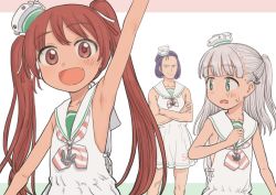 Rule 34 | 1boy, 2girls, arm up, armpits, brown eyes, brown hair, cosplay, crossdressing, crossed arms, crossover, dark-skinned female, dark skin, fang, green eyes, gundam, kantai collection, libeccio (kancolle), maestrale (kancolle), multiple girls, name connection, omodaka (nitera1041), one side up, paptimus scirocco, silver hair, simple background, sleeveless, sweatdrop, tan, tanline, twintails