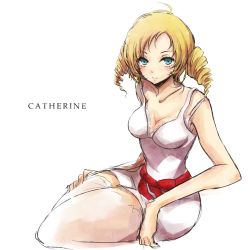 Rule 34 | 1girl, atlus, bad id, bad pixiv id, blonde hair, blue eyes, bow, bra, breasts, catherine, catherine (game), cleavage, collarbone, dress, drill hair, lingerie, noneko croquiss, ribbon, short dress, smile, solo, thighhighs, thighs, twintails, underwear, waist bow