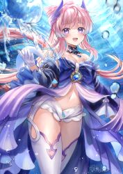 Rule 34 | 1girl, :d, air bubble, blue bow, blue dress, bow, breasts, bubble, choker, cleavage, commentary request, cowboy shot, dress, frilled sleeves, frills, fujimori shiki, genshin impact, gloves, highres, long hair, long sleeves, looking at viewer, medium breasts, navel, off-shoulder dress, off shoulder, open mouth, pink hair, purple eyes, sangonomiya kokomi, short shorts, shorts, smile, solo, standing, stomach, thighhighs, thighs, underwater, very long hair, white gloves, white shorts, white thighhighs