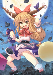 Rule 34 | &gt;:d, 1girl, :d, brown eyes, chain, cross (crossryou), cuffs, fang, fighting stance, full moon, giant, giantess, gourd, hair ribbon, horn ornament, horn ribbon, horns, ibuki suika, immaterial and missing power, long hair, looking at viewer, low-tied long hair, moon, open mouth, ribbon, shirt, sleeveless, sleeveless shirt, smile, solo, touhou, v-shaped eyebrows