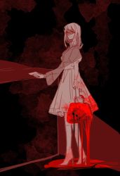 Rule 34 | 1girl, bag, bleeding, blood, boots, chinese commentary, commentary request, dark, dress, fors wall, glasses, hand on table, high heels, holding, holding bag, long hair, long sleeves, looking at viewer, lord of the mysteries, miniskirt, pool of blood, red eyes, severed head, skirt, smile, solo, stained clothes, yubing156
