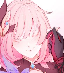 Rule 34 | 2girls, artist name, blush, catandcrumbles, closed eyes, elysia (honkai impact), elysia (miss pink elf) (honkai impact), hair ornament, hand on another&#039;s ear, highres, honkai (series), honkai impact 3rd, lips, multiple girls, pink hair, pointy ears, raiden mei, raiden mei (herrscher of thunder), simple background, touching ears, two-tone gloves, white background, yuri