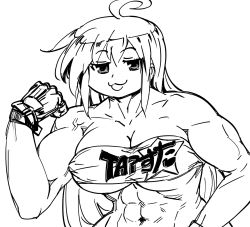Rule 34 | 1girl, :3, abs, ahoge, alternate muscle size, art shift, bad id, bandeau, bb (baalbuddy), belt bra, biceps, breasts, fingerless gloves, flexing, gloves, greyscale, hand up, highres, inactive account, izumi konata, jitome, large breasts, linea alba, long hair, looking at viewer, lucky star, monochrome, muscular, muscular female, navel, parody, simple background, smile, solo, tap out, upper body, veins, white background