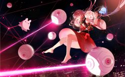 Rule 34 | 1girl, bare shoulders, barefoot, cityscape, detached sleeves, dress, drone, floating hair, flying, from side, full body, lingcat, long hair, night, night sky, original, pink hair, profile, red dress, red eyes, sky, smile, solo, star (sky), starry sky, wide sleeves