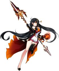 Rule 34 | 1girl, ara haan, ara han, black footwear, black gloves, black hair, black thighhighs, elbow gloves, elsword, eyeshadow, feather boa, full body, gloves, hair ornament, hair stick, holding, holding polearm, holding spear, holding weapon, long hair, looking at viewer, low twintails, magic, makeup, official art, polearm, sando (dukedevil), shoes, single thighhigh, smile, solo, spear, standing, standing on one leg, tassel, thighhighs, transparent background, twintails, very long hair, weapon, yama raja (elsword), yellow eyes