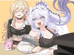 Rule 34 | 2girls, ^ ^, ahoge, bare shoulders, bianka durandal ataegina, black choker, black shirt, black tank top, blonde hair, breasts, choker, cleavage, closed eyes, commentary request, crown, cup ramen, earrings, elysia (honkai impact), elysia (miss pink elf) (honkai impact), flying sweatdrops, happy birthday, high ponytail, highres, holding, holding pencil, honkai (series), honkai impact 3rd, jewelry, kiana kaslana, kiana kaslana (herrscher of finality), long hair, medium breasts, midriff, multiple girls, navel, off shoulder, open mouth, paper, pencil, shirt, siblings, simple background, sisters, star-shaped pupils, star (symbol), symbol-shaped pupils, tank top, teeth, tsuroro art, upper teeth only, v-shaped eyebrows, white sleeves, yellow background