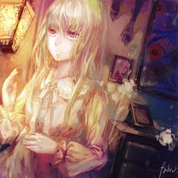 Rule 34 | 1girl, albino, artist name, bad id, bad pixiv id, character request, dress, el (sound horizon), elysion, fabri, lamp, long hair, painting (object), picture frame, red eyes, signature, solo, sound horizon, white hair