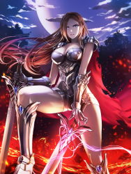 Rule 34 | 1girl, a-line, armor, armored boots, blue eyes, boots, breasts, brown hair, cape, cleavage, cloud, cloudy sky, dual wielding, fire, gauntlets, highres, holding, long hair, moon, night, red hair, shorts, shoulder armor, sky, solo, pauldrons, sword, torn cape, torn clothes, weapon