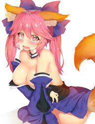 Rule 34 | 10s, 1girl, @ @, animal ears, areola slip, bad id, bad pixiv id, bare shoulders, blush, bow, breast hold, breasts, cleavage, collarbone, detached collar, detached sleeves, fate/extra, fate (series), fox ears, fox tail, hair bow, heavy breathing, japanese clothes, large breasts, long hair, looking at viewer, off shoulder, open mouth, pink hair, ratio (ratio-d), simple background, solo, sweat, tail, tamamo (fate), tamamo no mae (fate/extra), wavy mouth, white background, yellow eyes