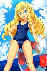 Rule 34 | 1girl, :d, blonde hair, breasts, colored eyelashes, drill hair, fukuouji laura, gradient background, hand on own hip, highres, innertube, jewelpet (series), jewelpet magical change, long hair, looking at viewer, old school swimsuit, one-piece swimsuit, open mouth, school swimsuit, small breasts, smile, solo, swim ring, swimsuit, water, zasshu nigou