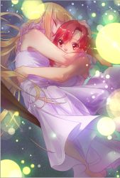 Rule 34 | 10s, 2girls, airrabbityan, barefoot, blonde hair, breasts, broom, broom riding, cleavage, closed eyes, flying, frilled negligee, hand on another&#039;s head, hug, izetta, light particles, long hair, multiple girls, nightgown, open mouth, ortfine fredericka von eylstadt, red eyes, red hair, shiny skin, short hair, shuumatsu no izetta, yuri