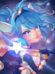 Rule 34 | 1girl, animal ears, arm guards, armor, black gloves, blue eyes, blue hair, blurry, depth of field, elbow gloves, from side, gloves, hair tie, hammer, holding, holding staff, league of legends, leng, long hair, looking at viewer, looking to the side, magical girl, pointy ears, poppy (league of legends), staff, star (sky), star (symbol), star guardian (league of legends), star guardian poppy, tiara, twintails, yordle