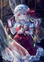 Rule 34 | 1girl, absurdres, arm up, ascot, blonde hair, collarbone, commentary, cropped legs, curtains, drawing (object), expressionless, flandre scarlet, floating hair, hat, hat ribbon, head tilt, highres, holding, holding stuffed toy, indoors, looking at viewer, mob cap, night, one side up, open window, parted lips, petals, petticoat, picture frame, puffy short sleeves, puffy sleeves, red eyes, red skirt, red vest, ribbon, shirt, short hair, short sleeves, skirt, solo, standing, stuffed animal, stuffed toy, suzushina, teddy bear, touhou, twitter username, vest, white hat, white shirt, wind, window, wings, wrist cuffs, yellow ascot