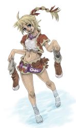 Rule 34 | 1girl, aso (ele011101), barefoot, blonde hair, blue eyes, braid, chrono (series), chrono cross, dagger, full body, holding, holding shoes, jewelry, kid (chrono cross), knife, long hair, magatama, midriff, multi-tied hair, navel, necklace, ponytail, shoes, unworn shoes, smile, solo, standing, wading, water, weapon