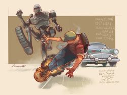 Rule 34 | 1boy, artist name, backpack, bag, baseball cap, car, clenched hands, denim, english text, hat, hoverboard, jeans, looking back, mecha, motor vehicle, open hands, original, pants, racing, red shirt, robot, running, russian text, science fiction, shirt, t-shirt, tkachenko andrey
