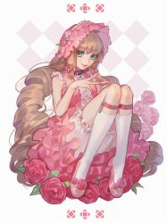 Rule 34 | 1girl, aruk, bloomers, bonnet, breasts, checkered background, collar, commentary request, dress, drill hair, flower, footwear flower, frilled shirt, frills, full body, hair ribbon, hat, hat flower, highres, kneehighs, legwear garter, long hair, looking at viewer, o-ring collar, original, own fingers together, pink dress, pink flower, pink footwear, pink hair, pink ribbon, pink rose, ribbon, rose, shirt, sleeveless, sleeveless shirt, slippers, small breasts, smile, socks, solo, twin drills, twintails, underwear