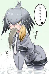 Rule 34 | ..., 10s, 1girl, black gloves, bodystocking, eating, fish, gloves, gradient hair, grey hair, grey shirt, head wings, kemono friends, low ponytail, mouth hold, multicolored hair, necktie, orange hair, pantyhose, shirt, shoebill (kemono friends), short sleeves, side ponytail, solo, wading, water, wet, wet clothes, wings, yellow eyes, youkan