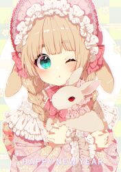 Rule 34 | 1girl, ;t, animal, animal ears, animal hug, blue eyes, blush, bonnet, braid, brown hair, chinese zodiac, closed mouth, commentary, happy new year, highres, japanese clothes, kimono, long hair, long sleeves, low twintails, mamyouda, new year, original, pink headwear, pink kimono, rabbit, rabbit ears, red eyes, short eyebrows, solo, symbol-only commentary, thick eyebrows, twin braids, twintails, wide sleeves, year of the rabbit