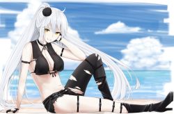 Rule 34 | 1girl, ahoge, arm strap, arm support, bikini, bikini top only, black bikini, black footwear, black nails, blue sky, blurry, blurry background, boots, breasts, cleavage, cloud, day, fate/grand order, fate (series), grin, hair between eyes, hand in own hair, high heel boots, high heels, highres, jeanne d&#039;arc (fate), jeanne d&#039;arc alter (fate), jeanne d&#039;arc alter (mystery treasure) (fate), leaning back, long hair, looking at viewer, medium breasts, nail polish, ocean, official alternate costume, outdoors, rinto (ronto66), silver hair, single leg pantyhose, sitting, sky, smile, solo, swimsuit, twintails, underboob, very long hair, yellow eyes