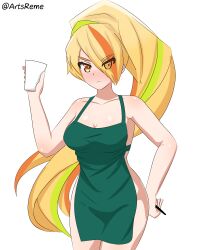 Rule 34 | 1girl, absurdres, apron, artsreme, bad id, bad pixiv id, blonde hair, blush, breasts, cleavage, closed mouth, coffee cup, collarbone, cup, disposable cup, green apron, green hair, hair between eyes, highres, holding, holding pen, iced latte with breast milk (meme), indoors, large breasts, legs together, long hair, looking at viewer, meme, meme attire, multicolored hair, naked apron, nikaidou saki, orange eyes, orange hair, pen, ponytail, simple background, solo, standing, white background, zombie land saga