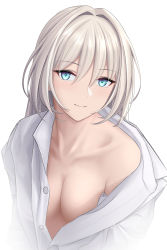 Rule 34 | 1girl, absurdres, alternate costume, an-94 (girls&#039; frontline), aqua eyes, blonde hair, blue eyes, breasts, cleavage, closed mouth, collarbone, constantine-xii, defy (girls&#039; frontline), girls&#039; frontline, hair between eyes, highres, long hair, looking at viewer, open clothes, open shirt, parted lips, shirt, small breasts, smile, solo, upper body, white background, white shirt