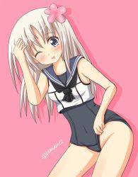 Rule 34 | 10s, 1girl, blue eyes, highres, kantai collection, long hair, md5 mismatch, one-piece swimsuit, one eye closed, platinum blonde hair, resized, ro-500 (kancolle), school swimsuit, simple background, solo, swimsuit, tamayan
