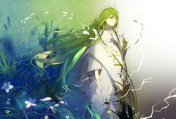 Rule 34 | 1other, androgynous, closed mouth, electricity, enkidu (fate), falling petals, fate/grand order, fate/strange fake, fate (series), feet out of frame, flower, green hair, hair between eyes, hand up, holding, holding flower, jewelry, long hair, long sleeves, looking afar, necklace, petals, plant, robe, solo, very long hair, white flower, white robe, wide sleeves, xuehua