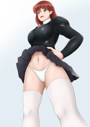 Rule 34 | 1girl, absurdres, agent aika, aika (series), an (ann7dornat), black delmo, breasts, brown eyes, brown hair, commentary request, delmogeny uniform, hand on own hip, highleg, highres, looking at viewer, medium breasts, navel, open mouth, panties, pantyshot, rika (agent aika), short hair, skirt, smile, solo, thighhighs, underwear, white panties, white thighhighs, wind, wind lift