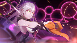 Rule 34 | 1girl, armor, armored dress, bare shoulders, black sky, breasts, closed mouth, dark persona, portal (object), dress, energy wings, expressionless, floating, floating object, floating weapon, fur-trimmed dress, fur trim, gloves, hair between eyes, hair ornament, highres, honkai (series), honkai impact 3rd, kiana kaslana, kiana kaslana (herrscher of the void), kuro saki, large breasts, light particles, long hair, looking down, medium breasts, motion blur, outstretched arm, polearm, sidelocks, silver hair, sky, snapping fingers, solo, spear, upper body, very long hair, weapon, yellow eyes