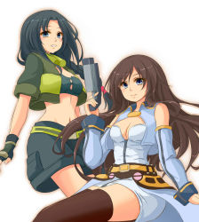 Rule 34 | 2girls, alternate color, alternate costume, alternate eye color, alternate hair color, aose saratoga, bare shoulders, black hair, blue eyes, blush, braid, breasts, brown hair, cleavage, detached sleeves, dress, fingerless gloves, garter straps, gloves, gun, jacket, long hair, looking at viewer, maria traydor, medium breasts, mirage koas, multiple girls, parted lips, short dress, shorts, simple background, single braid, smile, star ocean, star ocean till the end of time, thighhighs, waist cape, weapon, white background
