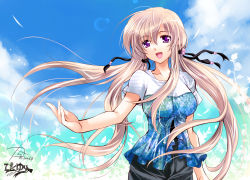 1girl blonde_hair casual day female_focus flower hair_ribbon highres kanna_(plum) long_hair pixiv_yuri_gakuen purple_eyes ribbon sky solo twintails wind