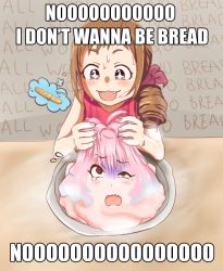 Rule 34 | + +, 2girls, :3, @ @, ahoge, blush, bread, brown background, brown eyes, brown hair, drill hair, english text, fang, flying sweatdrops, food, hair intakes, hair ornament, i don&#039;t want to be bread (meme), idolmaster, idolmaster cinderella girls, imagining, macro, meme, multicolored hair, multiple girls, objectification, ohara michiru, open mouth, pain, pink eyes, pink hair, psycho orb, red shirt, scrunchie, shirt, side drill, sleeveless, sleeveless shirt, sweat, symbol-shaped pupils, tears, text background, thought bubble, transformation, what, yumemi riamu