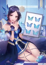 Rule 34 | 10s, 1girl, bare shoulders, black hair, blue dress, breasts, bug, butterfly, checkered floor, choker, cleavage, detached sleeves, dress, hair ornament, hand on own chin, hayami kanade, highres, idolmaster, idolmaster cinderella girls, insect, key, mairo, on floor, short hair, solo, wrist cuffs, yellow eyes