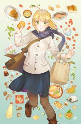 Rule 34 | 1girl, ahoge, artoria pendragon (all), artoria pendragon (fate), blonde hair, blue scarf, blue skirt, blunt bangs, bomhat, boots, brown footwear, brown pantyhose, coat, fate/stay night, fate (series), food, green eyes, highres, holding, holding food, leg up, looking at viewer, official alternate costume, open mouth, pantyhose, saber (fate), scarf, short hair with long locks, sidelocks, skirt, solo, standing, standing on one leg, white coat, winter clothes