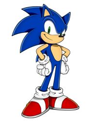 Rule 34 | 1boy, closed mouth, full body, furry, furry male, gloves, green eyes, hands on own hips, looking at viewer, male focus, official art, red footwear, shoes, simple background, smile, solo, sonic (series), sonic the hedgehog, uekawa yuji, white background, white gloves