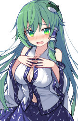 Rule 34 | 1girl, bare shoulders, blue skirt, blush, breasts, cleavage, collarbone, detached sleeves, e.o., frog hair ornament, green eyes, green hair, hair between eyes, hair ornament, highres, japanese clothes, kochiya sanae, large breasts, long hair, navel, nontraditional miko, open mouth, simple background, skirt, snake hair ornament, solo, touhou, upper body, white background, wide sleeves