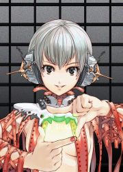 Rule 34 | 1girl, bad id, bad pixiv id, breasts, female focus, finger frame, grey eyes, headphones, looking at viewer, medium breasts, nail polish, original, red nails, shimotsuki eight, short hair, silver hair, smile, solo, strap, topless, topless frame, upper body