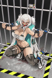 Rule 34 | 1girl, absurdres, alabama (azur lane), angry, aronman, azur lane, ball gag, bare shoulders, bars, bikini, bikini under clothes, black bikini, black footwear, black thighhighs, blood, blood on clothes, blood stain, body markings, bound, breasts, chinese commentary, cleavage, clenched hands, clothes writing, coat, coat on shoulders, collarbone, commentary request, commission, cuffs, dark-skinned female, dark skin, detached collar, facial mark, full body, gag, gagged, hair between eyes, handcuffs, highleg, highleg bikini, highres, iron bars, large breasts, long coat, long hair, looking at viewer, navel, open clothes, open coat, prison, prison cell, red eyes, restrained, second-party source, shackles, shadow, shoes, short shorts, shorts, sidelocks, skindentation, sneakers, solo, squatting, strapless, sweat, swimsuit, teeth, thighhighs, tube top, twintails, very long hair, whisker markings, white coat, white hair, white tube top