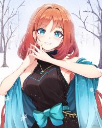 Rule 34 | 1girl, absurdres, alternate costume, artezahn, bare shoulders, bare tree, blue bow, blue eyes, bow, commentary, earrings, genshin impact, grin, head tilt, highres, jewelry, long hair, looking at viewer, nilou (genshin impact), pendant, red hair, shawl, sleeveless, sleeveless turtleneck, smile, snow, solo, tree, turtleneck, upper body, very long hair