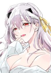 Rule 34 | breasts, cleavage, goddess of victory: nikke, grey hair, hair ribbon, highres, kyouhanechaou, large breasts, light blush, long hair, modernia (first affection) (nikke), modernia (nikke), off-shoulder shirt, off shoulder, open mouth, red eyes, ribbon, shirt, sidelocks, white shirt, yellow ribbon