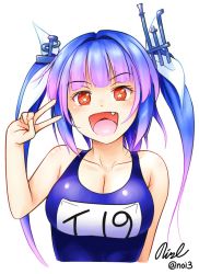Rule 34 | 10s, 1girl, :d, bare shoulders, blue hair, breasts, fang, gradient hair, hair ribbon, happy, i-19 (kancolle), kantai collection, large breasts, long hair, looking at viewer, multicolored hair, name tag, noise (tsuzuki), one-piece swimsuit, open mouth, purple hair, red eyes, ribbon, school swimsuit, signature, simple background, smile, solo, star-shaped pupils, star (symbol), swimsuit, symbol-shaped pupils, twintails, twitter username, upper body, v, white background
