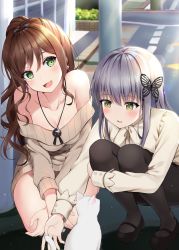 Rule 34 | 2girls, :3, :d, animal, bang dream!, bare legs, bare shoulders, beige sweater, black footwear, black legwear, blush, bow, bowtie, breasts, brown hair, butterfly hair ornament, cat, cleavage, commentary request, day, dress, earrings, full body, green eyes, hair between eyes, hair ornament, head tilt, highres, hugging own legs, imai lisa, jewelry, kneeling, long hair, long sleeves, mary janes, medium breasts, mia (fai1510), minato yukina, multiple girls, off-shoulder sweater, off shoulder, open mouth, outdoors, outstretched arm, pantyhose, pendant, ponytail, rabbit earrings, reaching, shirt, shoes, sidelocks, silver hair, smile, squatting, straight hair, strapless, strapless dress, sweater, sweater dress, wavy hair, white cat, white neckwear, white shirt, yellow eyes