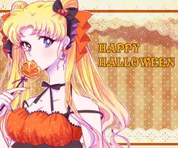 Rule 34 | 1girl, bare shoulders, bishoujo senshi sailor moon, black bow, black choker, blonde hair, blue eyes, bow, breasts, candy, choker, cleavage, cross, cross earrings, dabudabu, double bun, earrings, food, hair bow, hair bun, hair ornament, half updo, halloween, halloween costume, happy halloween, holding, holding candy, holding food, holding lollipop, jack-o&#039;-lantern, jack-o&#039;-lantern hair ornament, jewelry, lollipop, long hair, medium breasts, multicolored nails, nail polish, orange shirt, parted bangs, pumpkin, ribbon choker, shirt, sidelocks, solo, strap slip, tsukino usagi, upper body