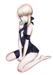 Rule 34 | absurdres, artoria pendragon (all), artoria pendragon (alter swimsuit rider) (first ascension) (fate), artoria pendragon (fate), bad id, bad pixiv id, between legs, blonde hair, braid, braided bun, breasts, breasts apart, bridal garter, cleavage, covered collarbone, fate/grand order, fate (series), food, french braid, full body, hair bun, hand between legs, highres, hyperbudd, mouth hold, popsicle, saber (fate), saber alter, sitting, small breasts, solo, thigh strap, wariza, white background